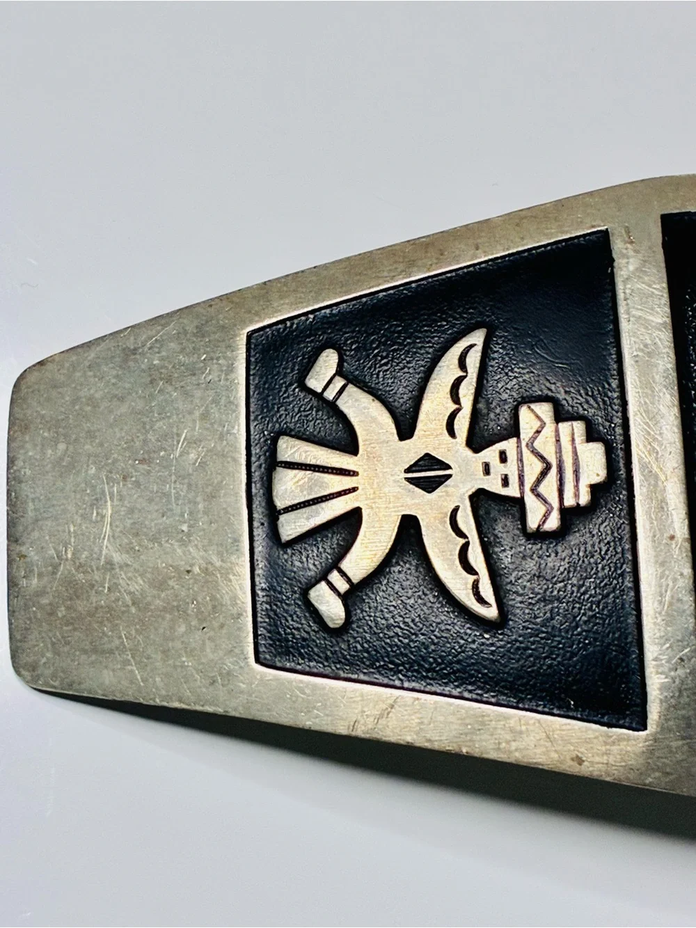 Solid Nickel Silver Native American Thunderbird with 2 Kachinas’s Belt Buckle